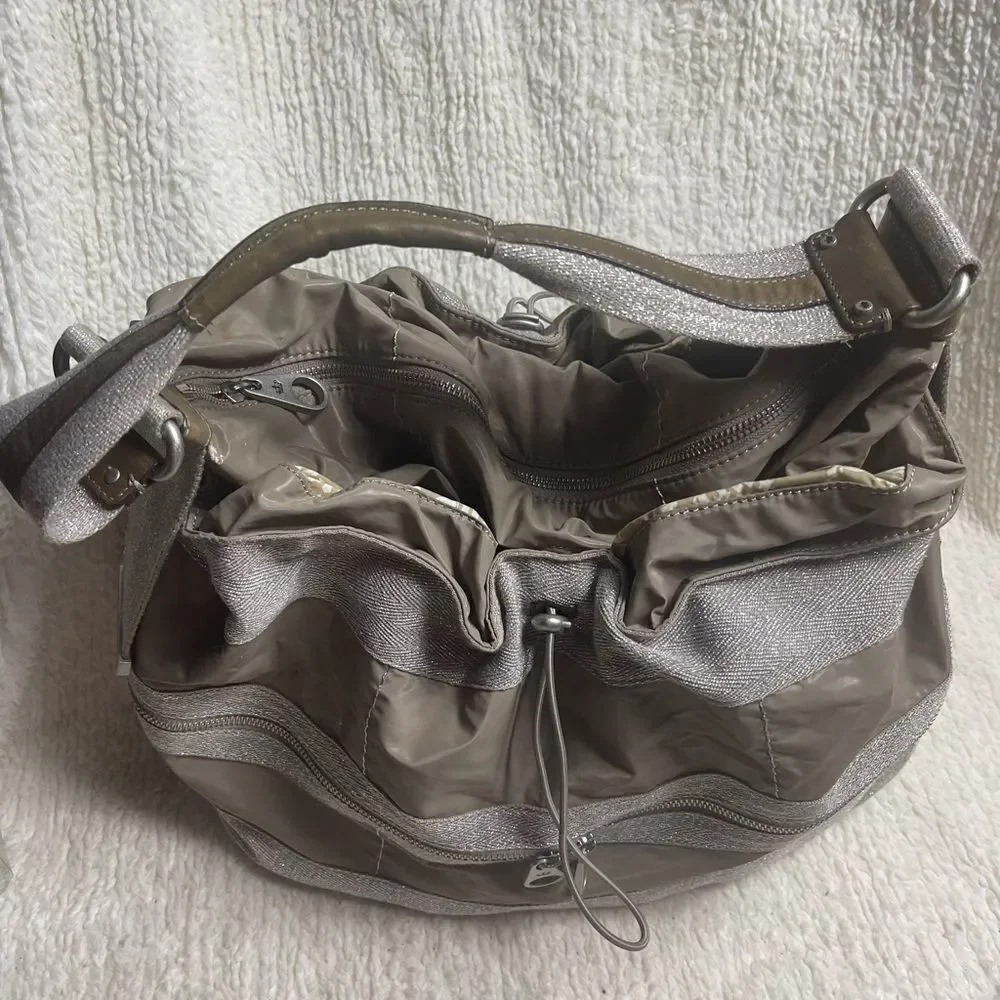 Juicy Couture Nylon taupe & cotton silver shimmery hobo bag leather strap